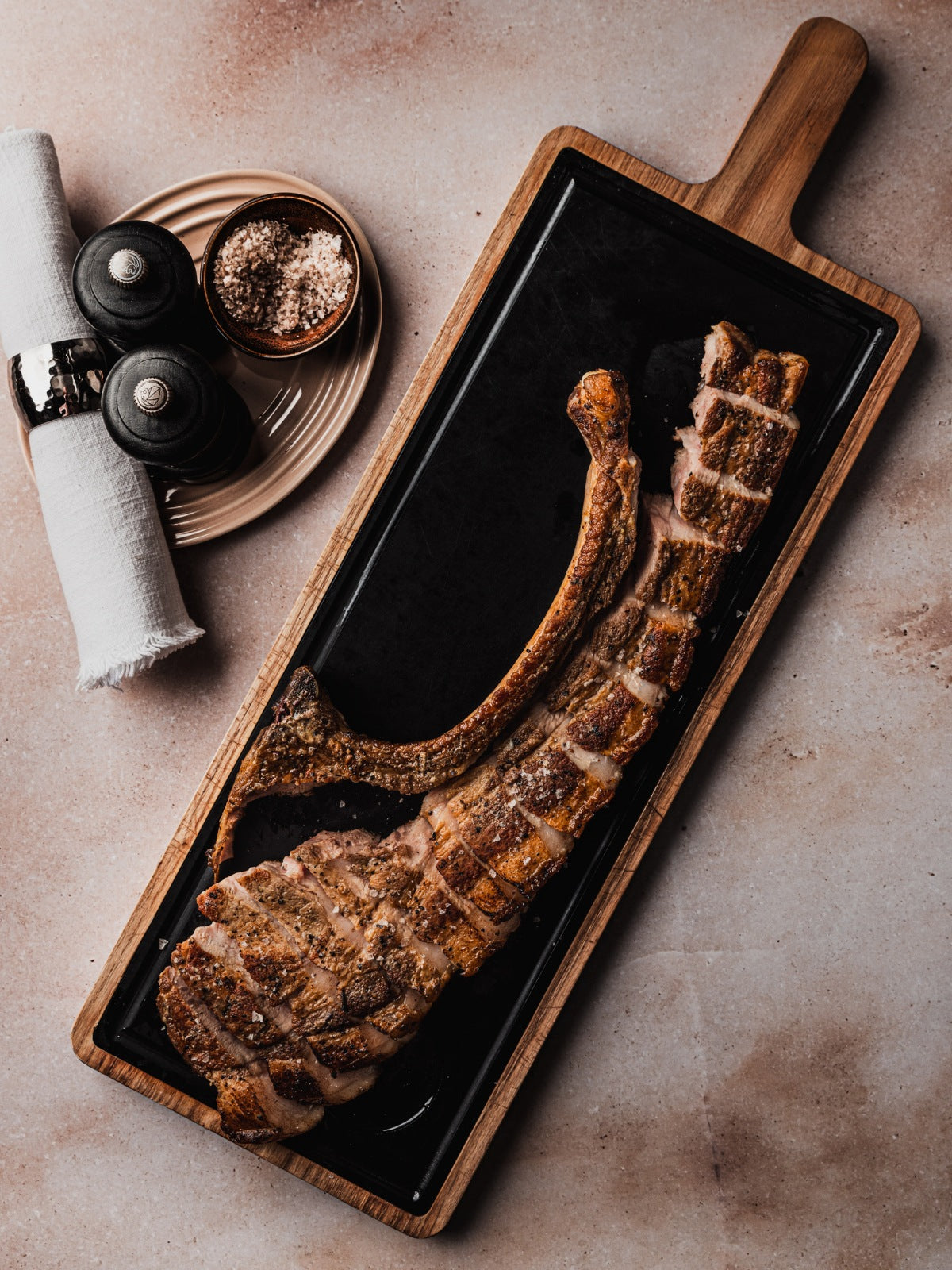 Rarebreed Pork Tomahawk, Rocket & Confit Tomato Salad, Mac & Blue Cheese